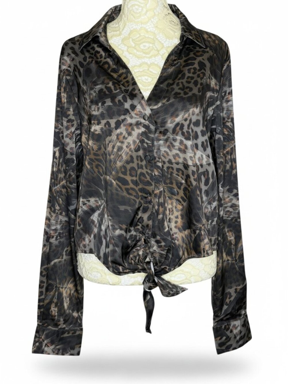 Guess Satin Blouse Shirt Top Button Front Tie Waist V Neck Animal Print M NWOT